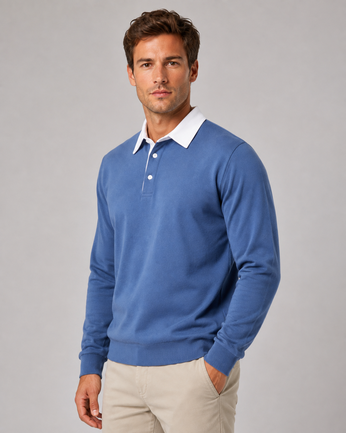 Men's Long Sleeve Knitted Polo Jumper – Contrast Collar