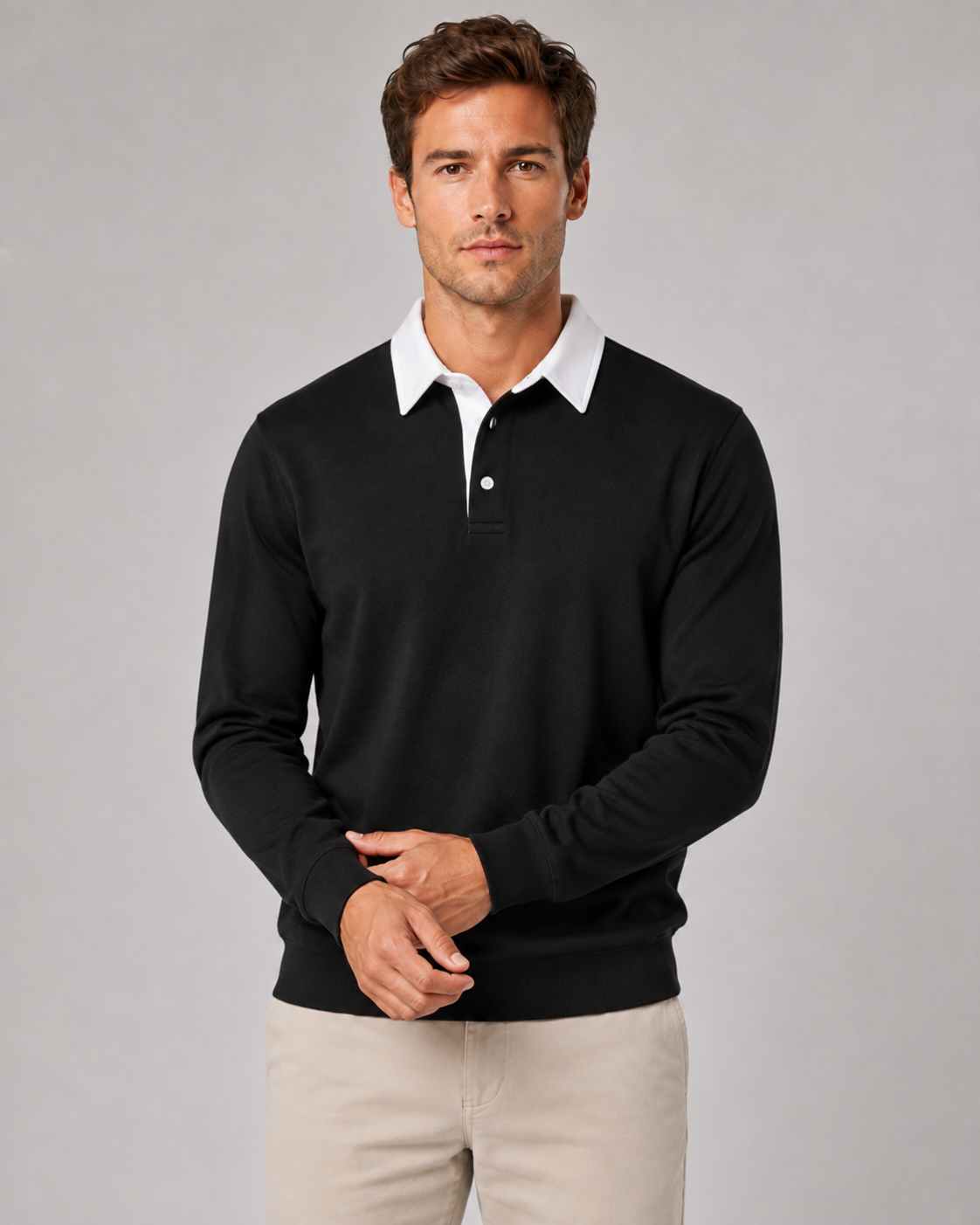 Men's Long Sleeve Knitted Polo Jumper – Contrast Collar