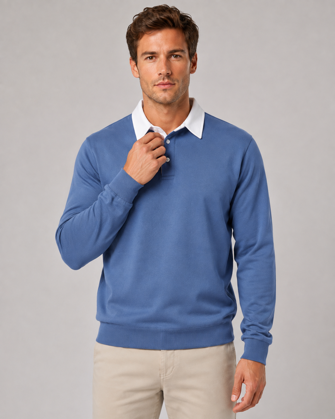 Men's Long Sleeve Knitted Polo Jumper – Contrast Collar