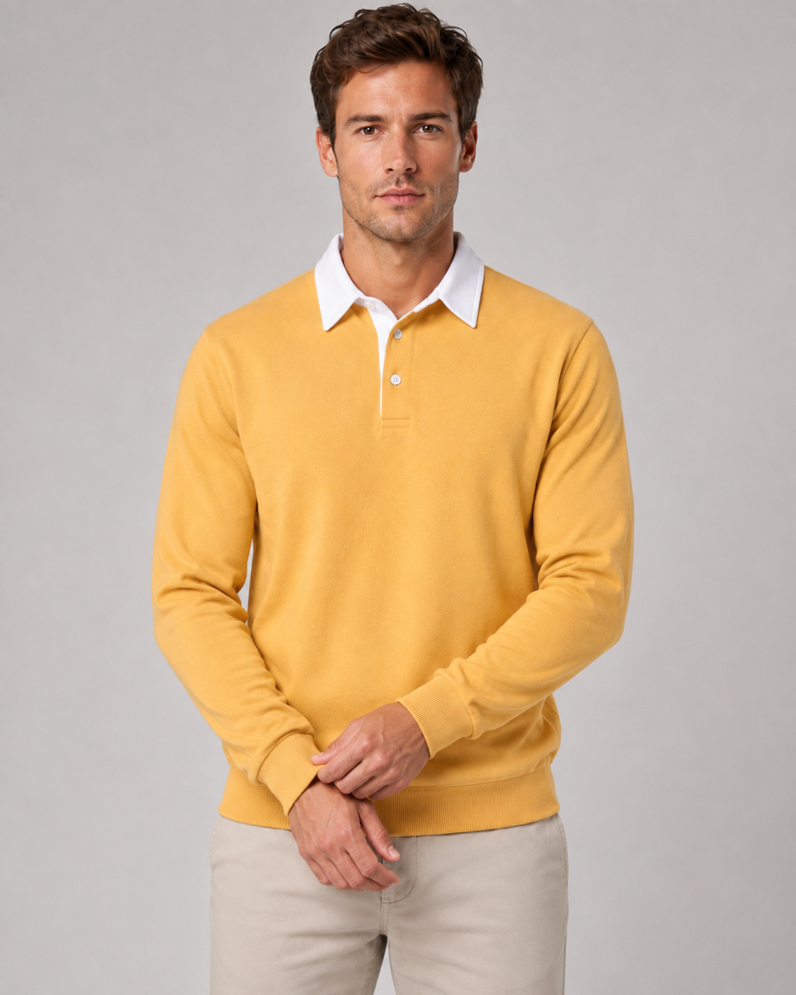 Men's Long Sleeve Knitted Polo Jumper – Contrast Collar