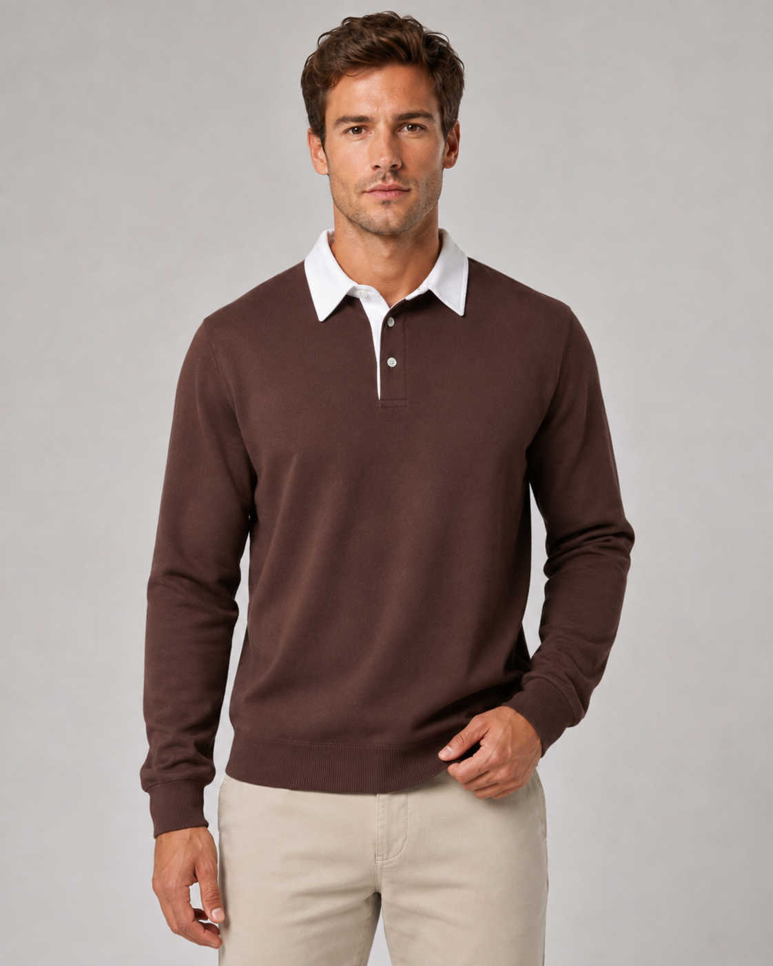 Men's Long Sleeve Knitted Polo Jumper – Contrast Collar