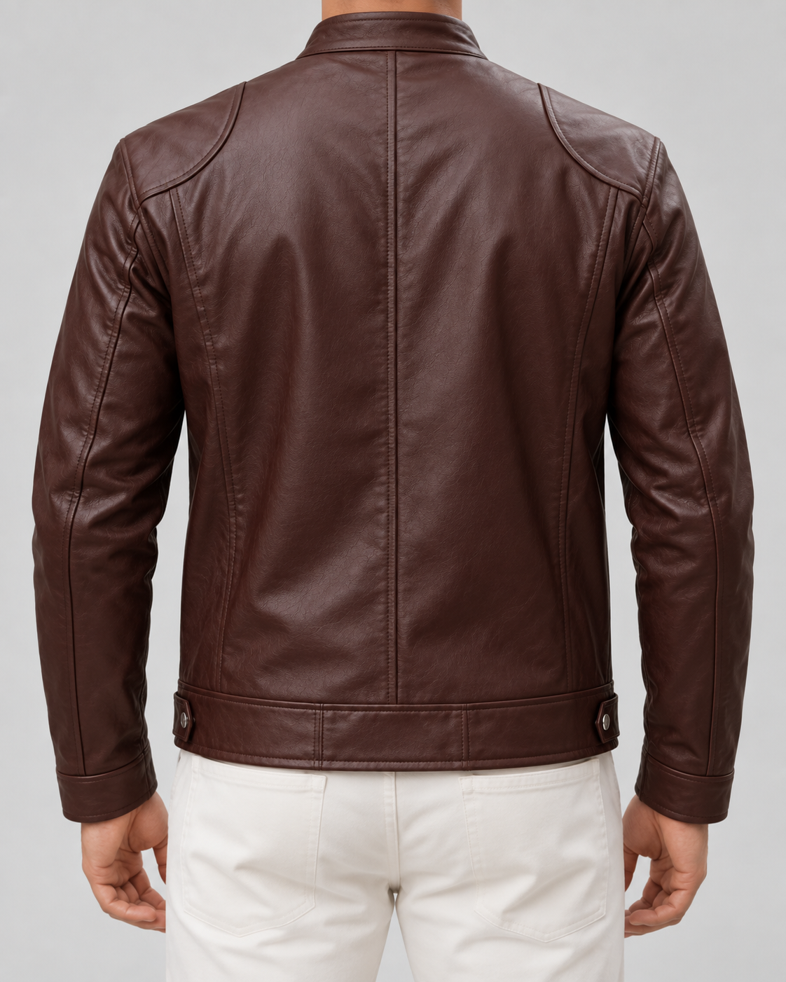 Men's Leather Look Cafe Racer Jacket – Hip Length Stand Collar