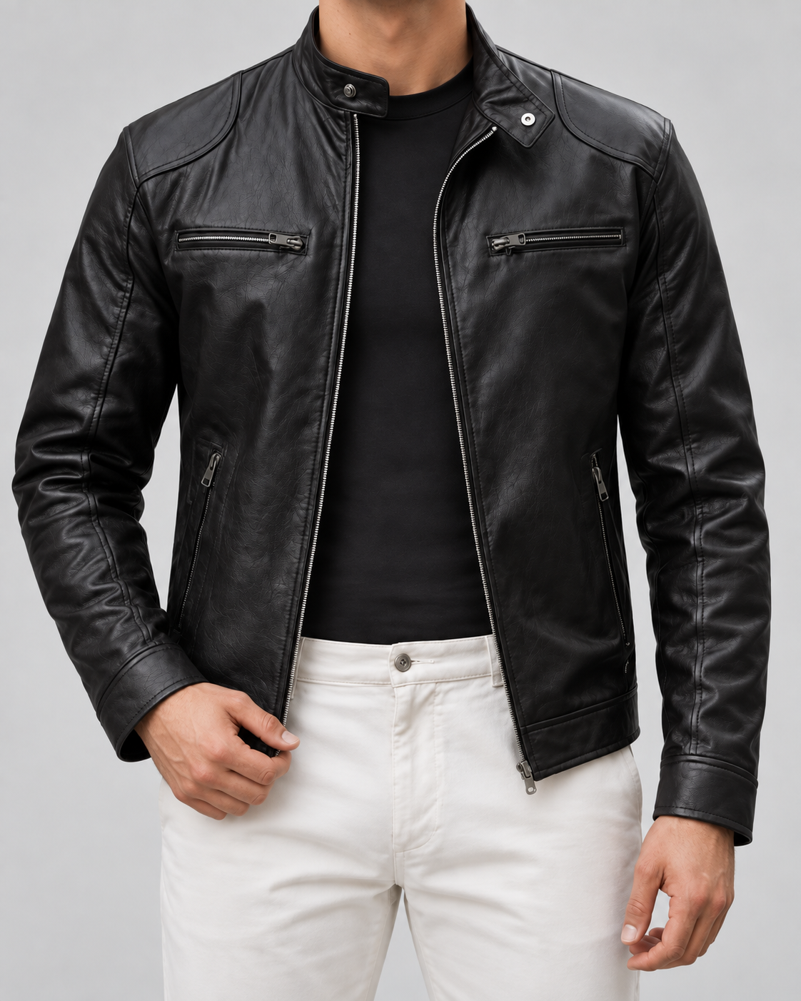 Men's Leather Look Cafe Racer Jacket – Hip Length Stand Collar