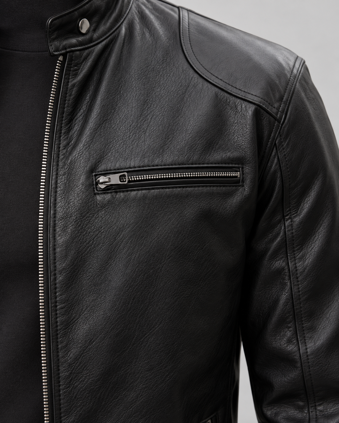 Men's Leather Look Cafe Racer Jacket – Hip Length Stand Collar