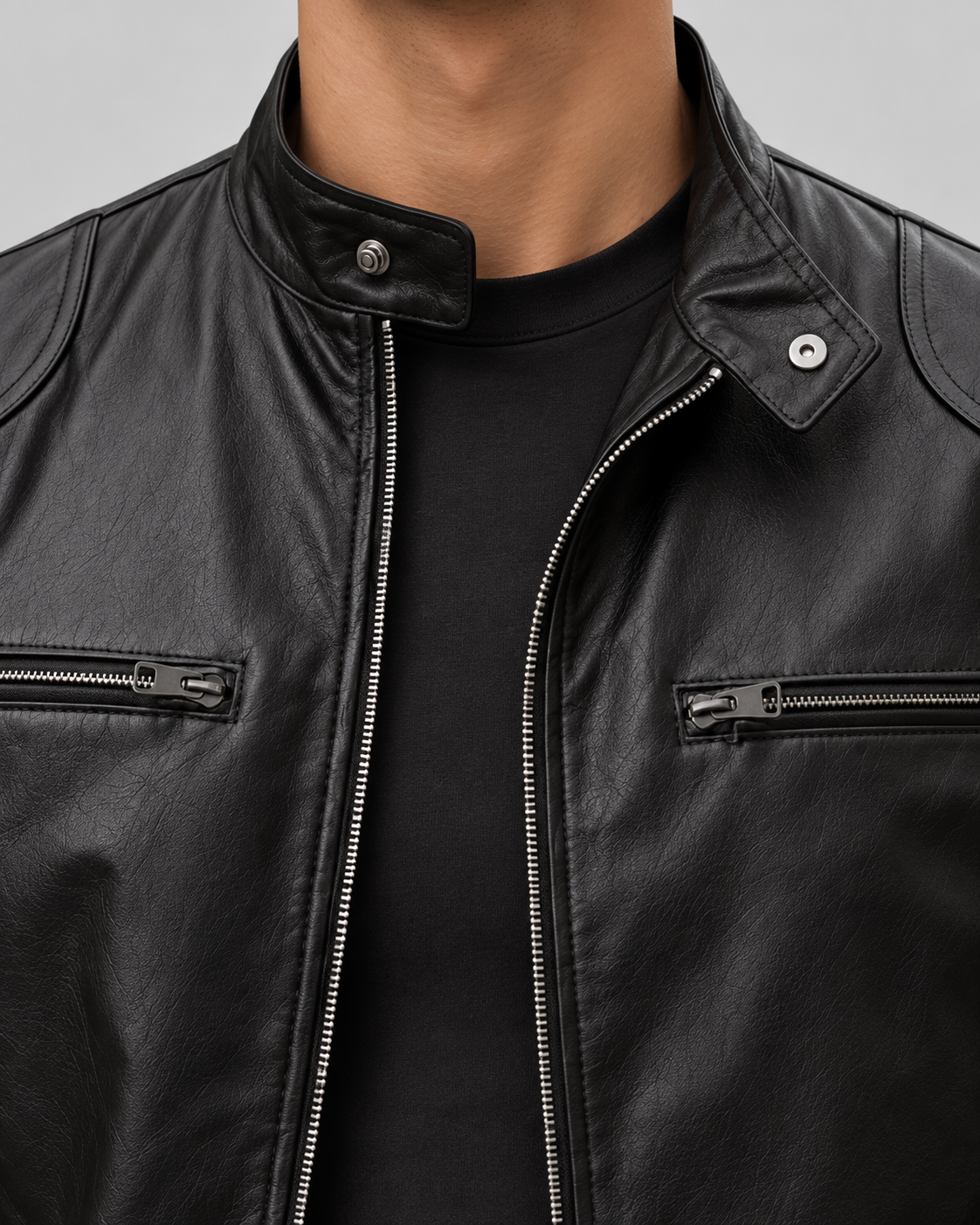 Men's Leather Look Cafe Racer Jacket – Hip Length Stand Collar
