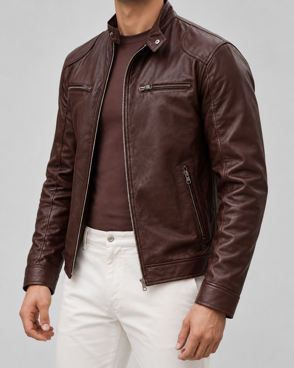 Men's Leather Look Cafe Racer Jacket – Hip Length Stand Collar