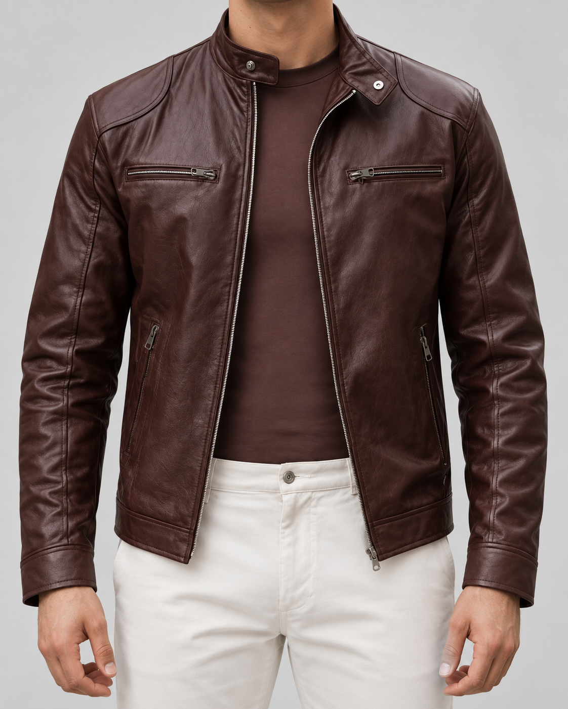 Men's Leather Look Cafe Racer Jacket – Hip Length Stand Collar