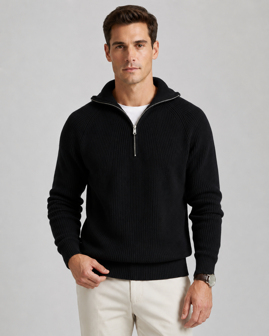 Men's High Collar Ribbed Quarter Zip Jumper – Regular Fit