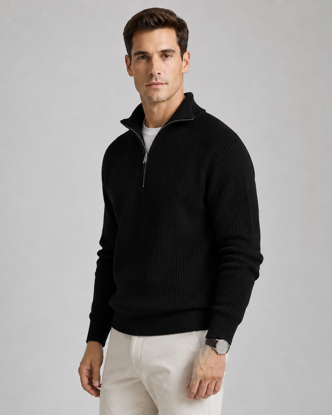 Men's High Collar Ribbed Quarter Zip Jumper – Regular Fit
