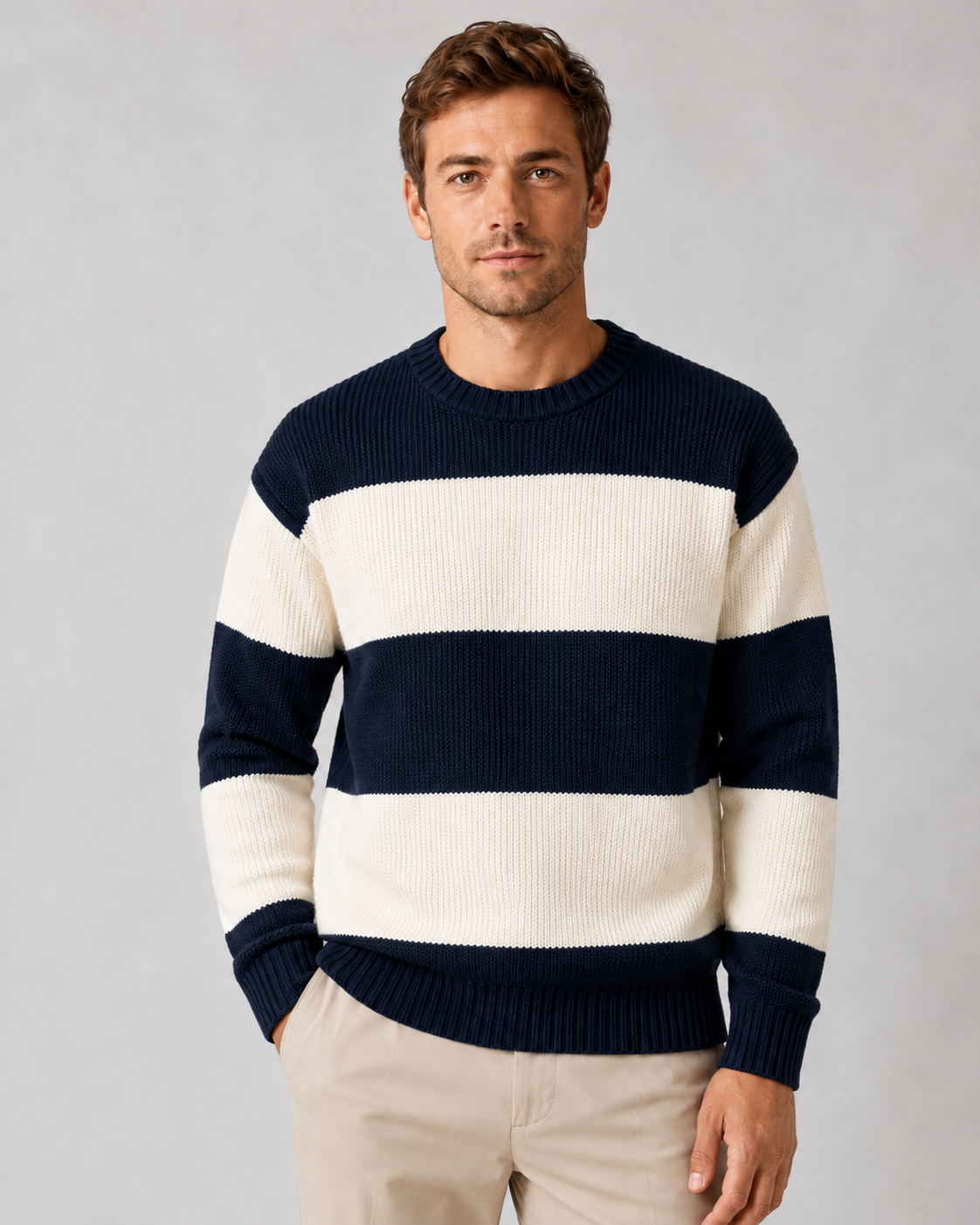 Men's Rugby Stripe Knit Jumper – Relaxed Fit Crew Neck