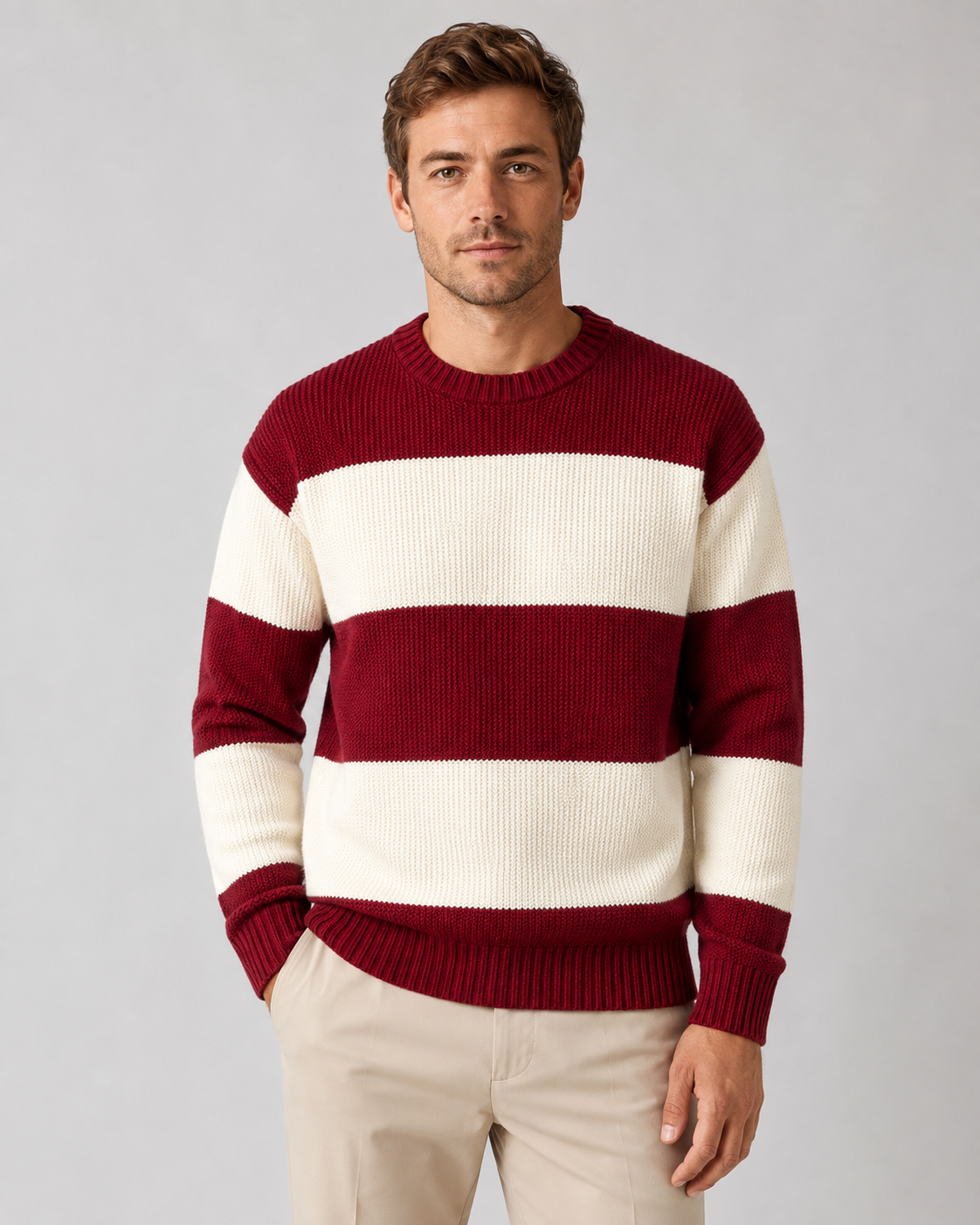 Men's Rugby Stripe Knit Jumper – Relaxed Fit Crew Neck