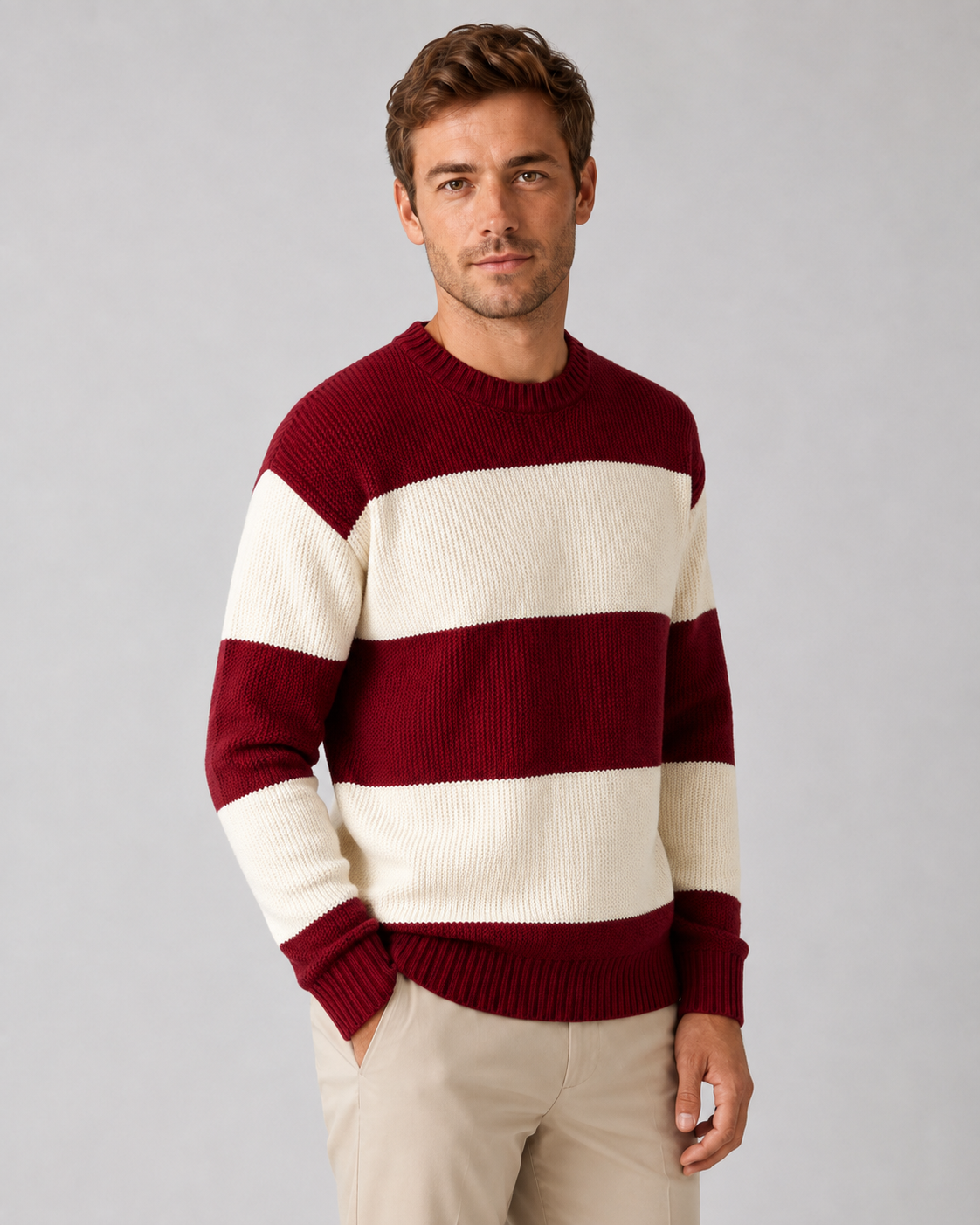 Men's Rugby Stripe Knit Jumper – Relaxed Fit Crew Neck