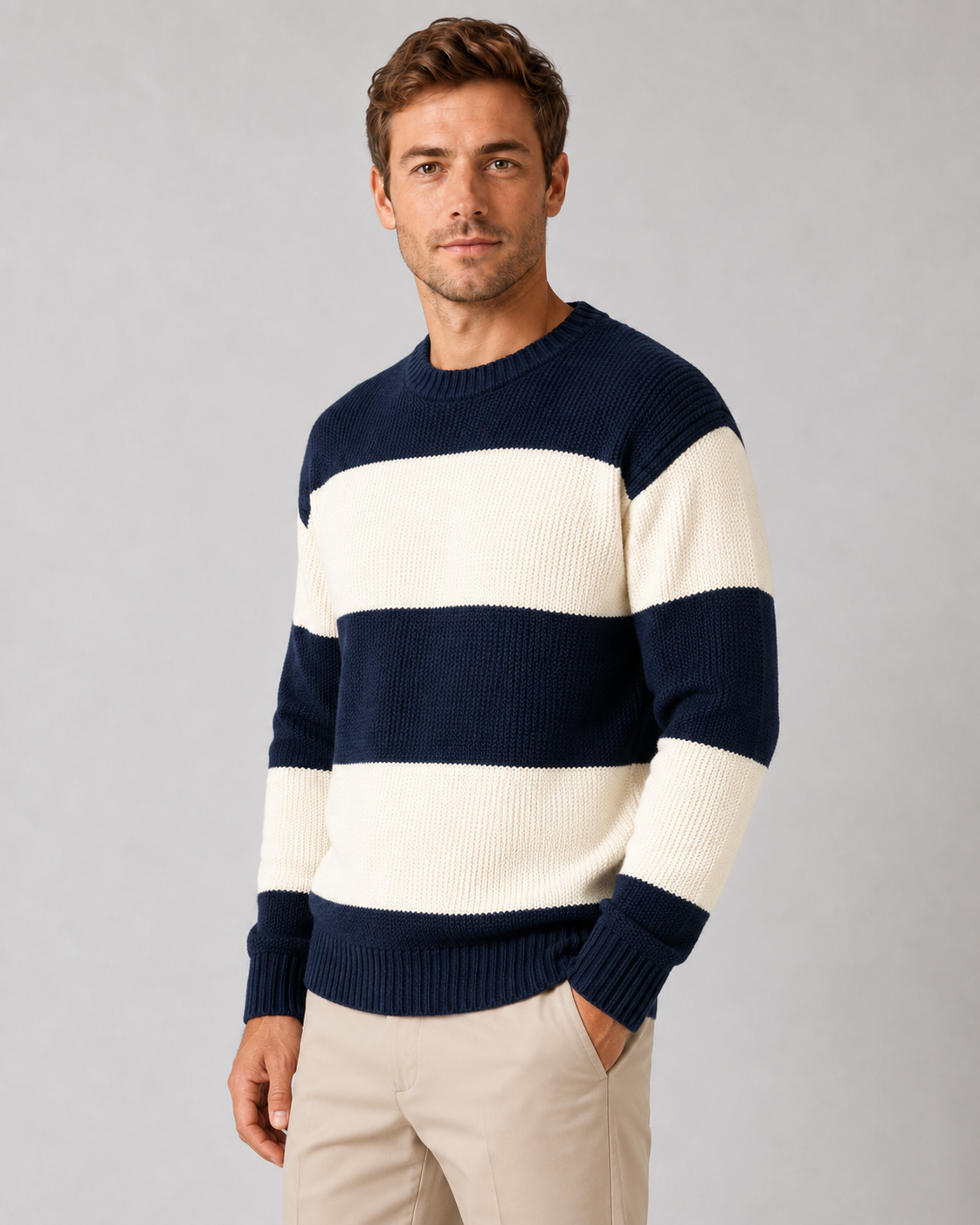 Men's Rugby Stripe Knit Jumper – Relaxed Fit Crew Neck