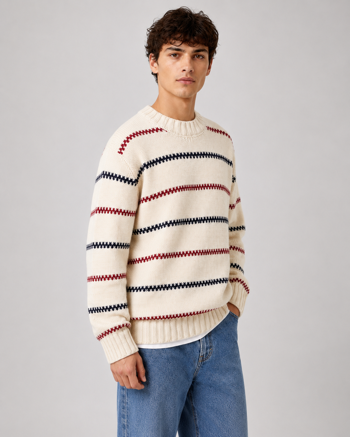 Men's Striped Knitted Crew Neck Jumper – Relaxed Fit