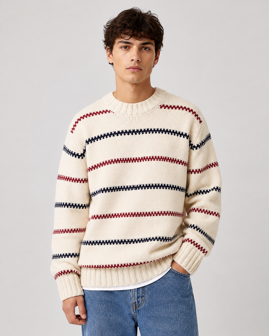 Men's Striped Knitted Crew Neck Jumper – Relaxed Fit