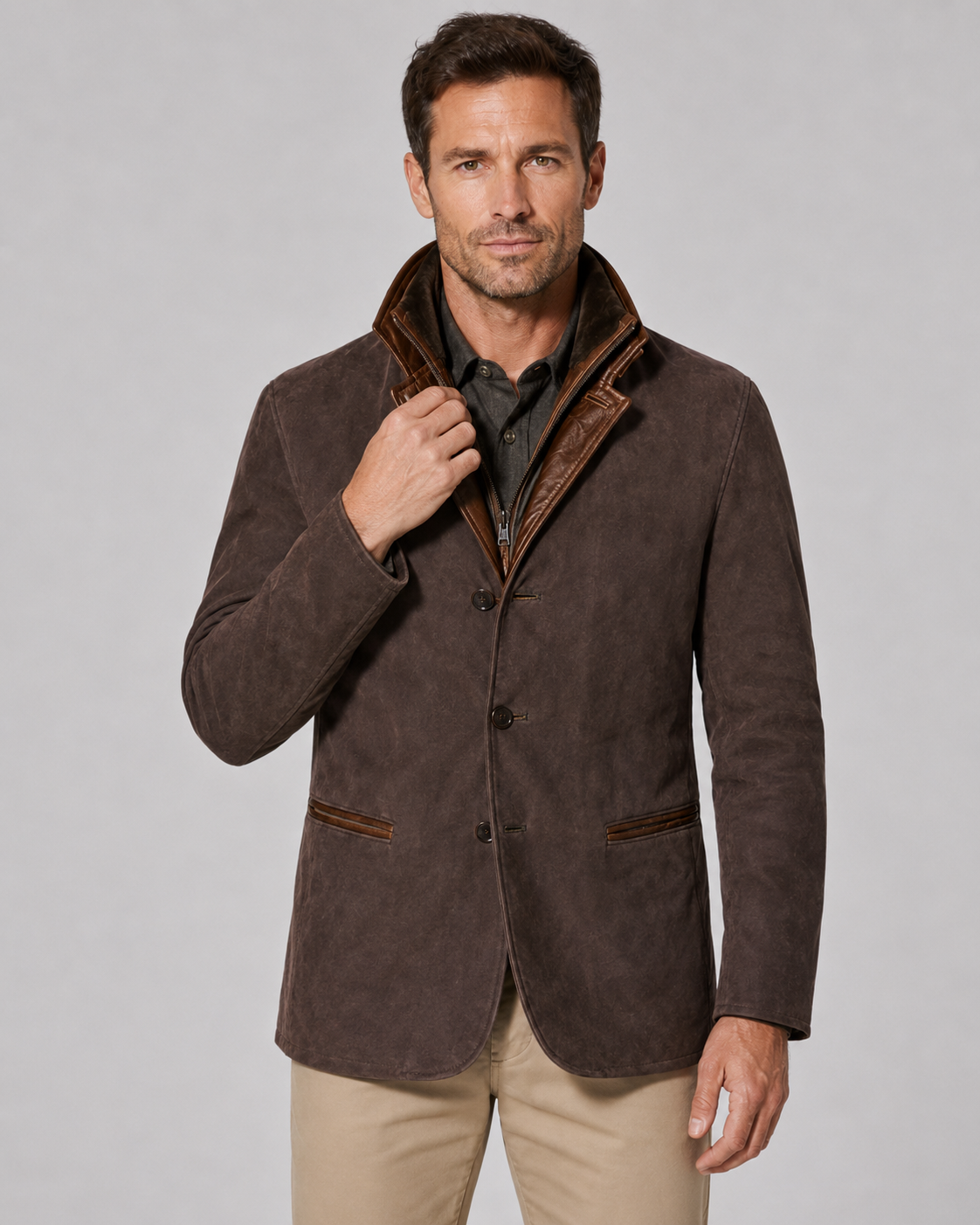 Men's Suede Look Jacket – Regular Fit Layered Zip Collar