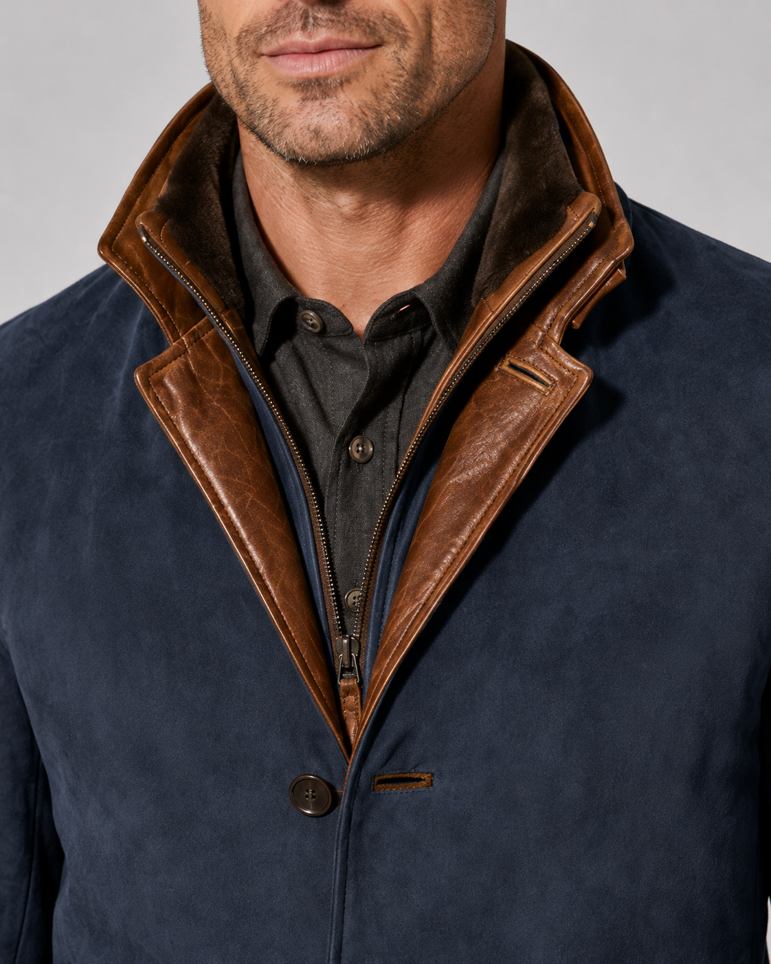 Men's Suede Look Jacket – Regular Fit Layered Zip Collar