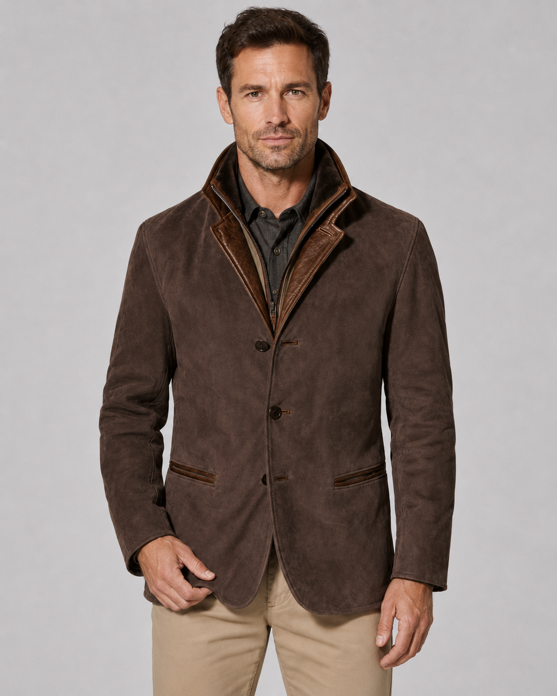 Men's Suede Look Jacket – Regular Fit Layered Zip Collar