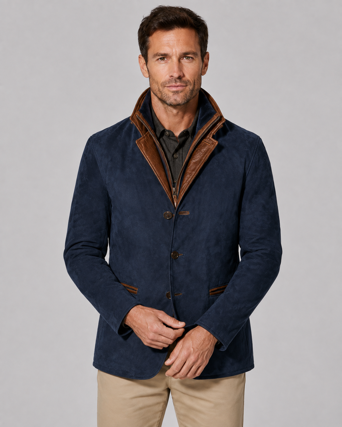 Men's Suede Look Jacket – Regular Fit Layered Zip Collar
