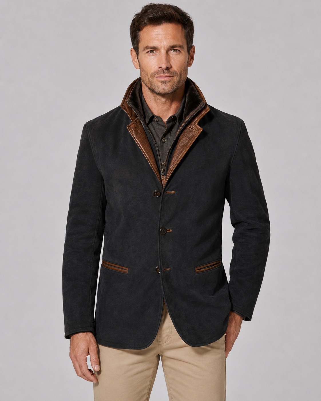 Men's Suede Look Jacket – Regular Fit Layered Zip Collar