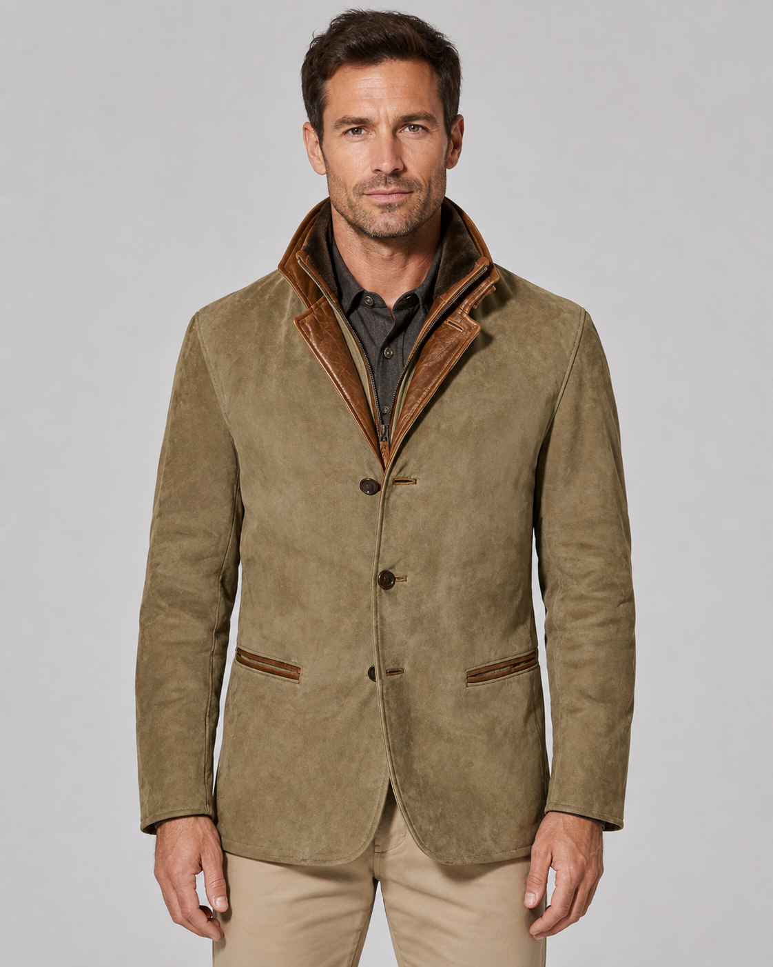 Men's Suede Look Jacket – Regular Fit Layered Zip Collar