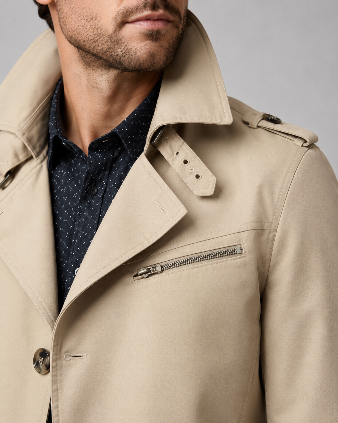 Men's Mid Length Trench Coat – Button Front and Epaulettes