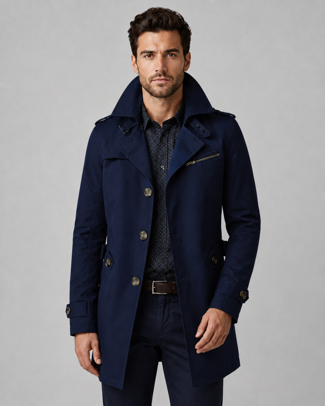 Men's Mid Length Trench Coat – Button Front and Epaulettes