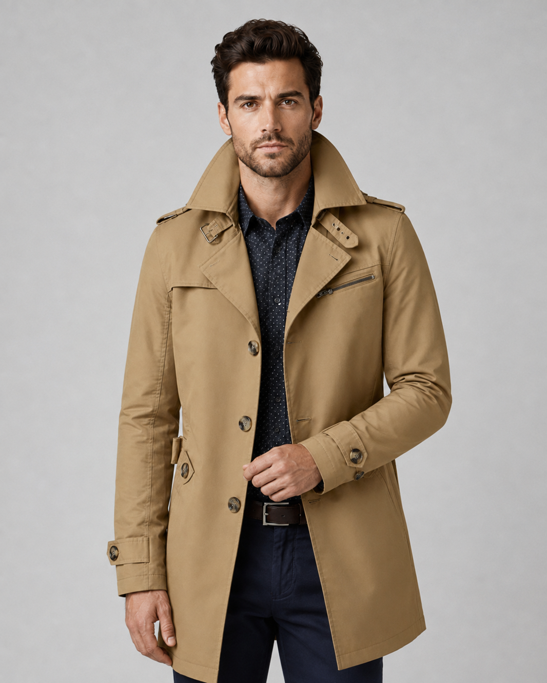Men's Mid Length Trench Coat – Button Front and Epaulettes