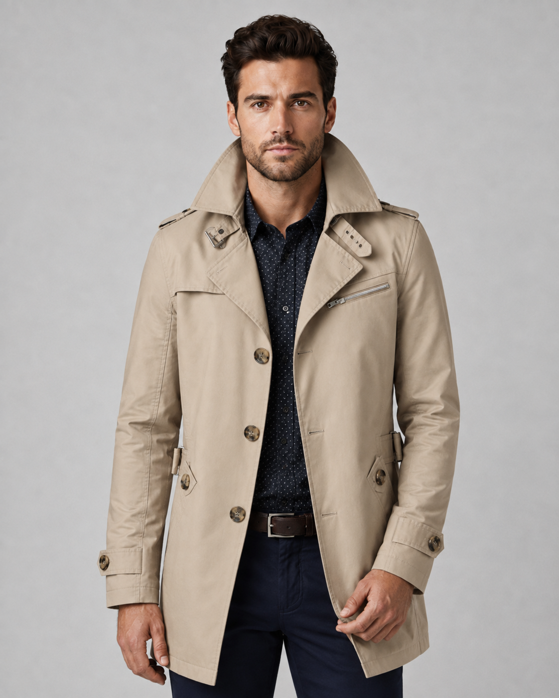 Men's Mid Length Trench Coat – Button Front and Epaulettes