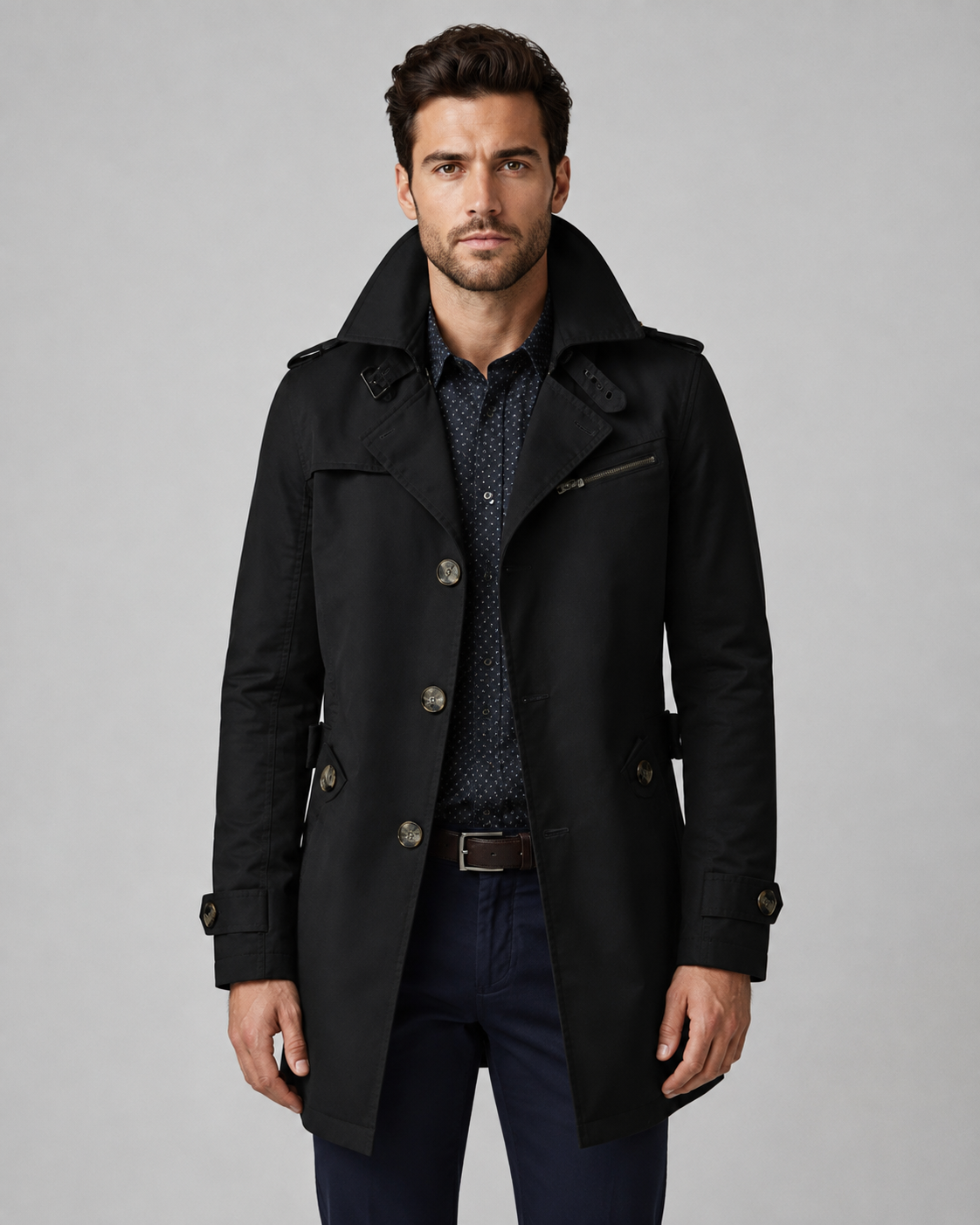 Men's Mid Length Trench Coat – Button Front and Epaulettes