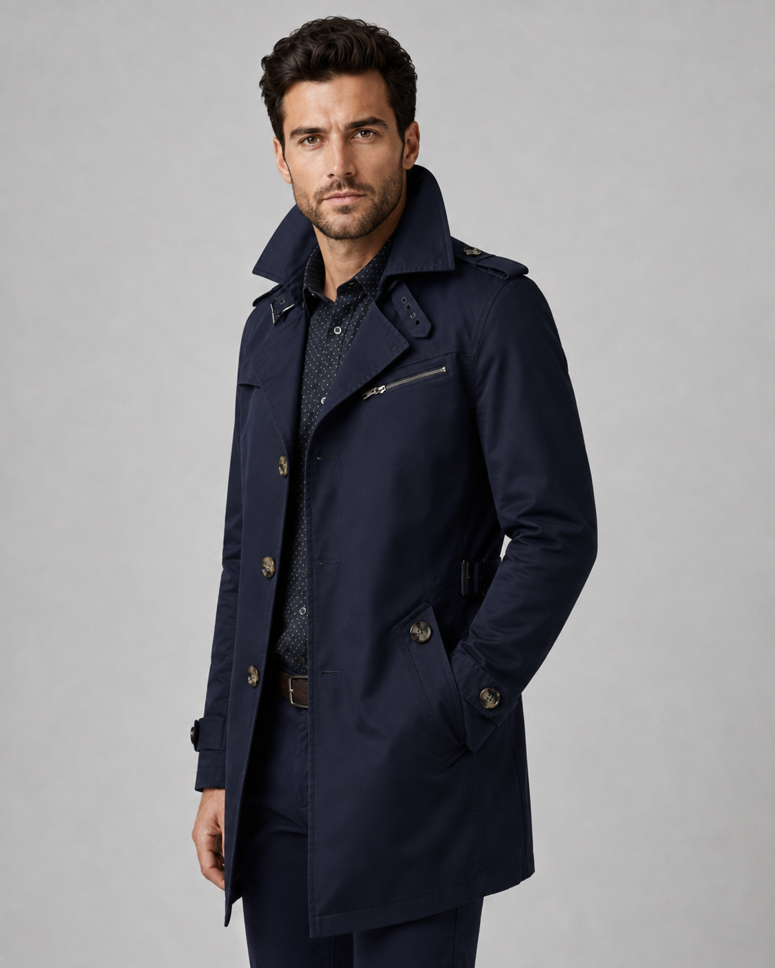 Men's Mid Length Trench Coat – Button Front and Epaulettes
