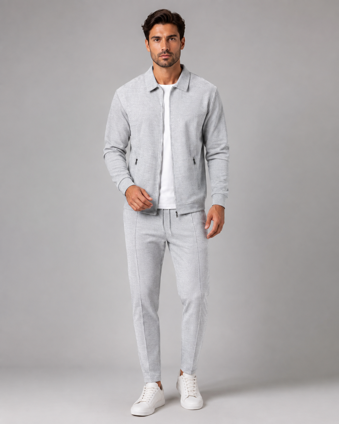 Men's Waffle Textured Tracksuit Set – Zip Collar Jacket and Trousers