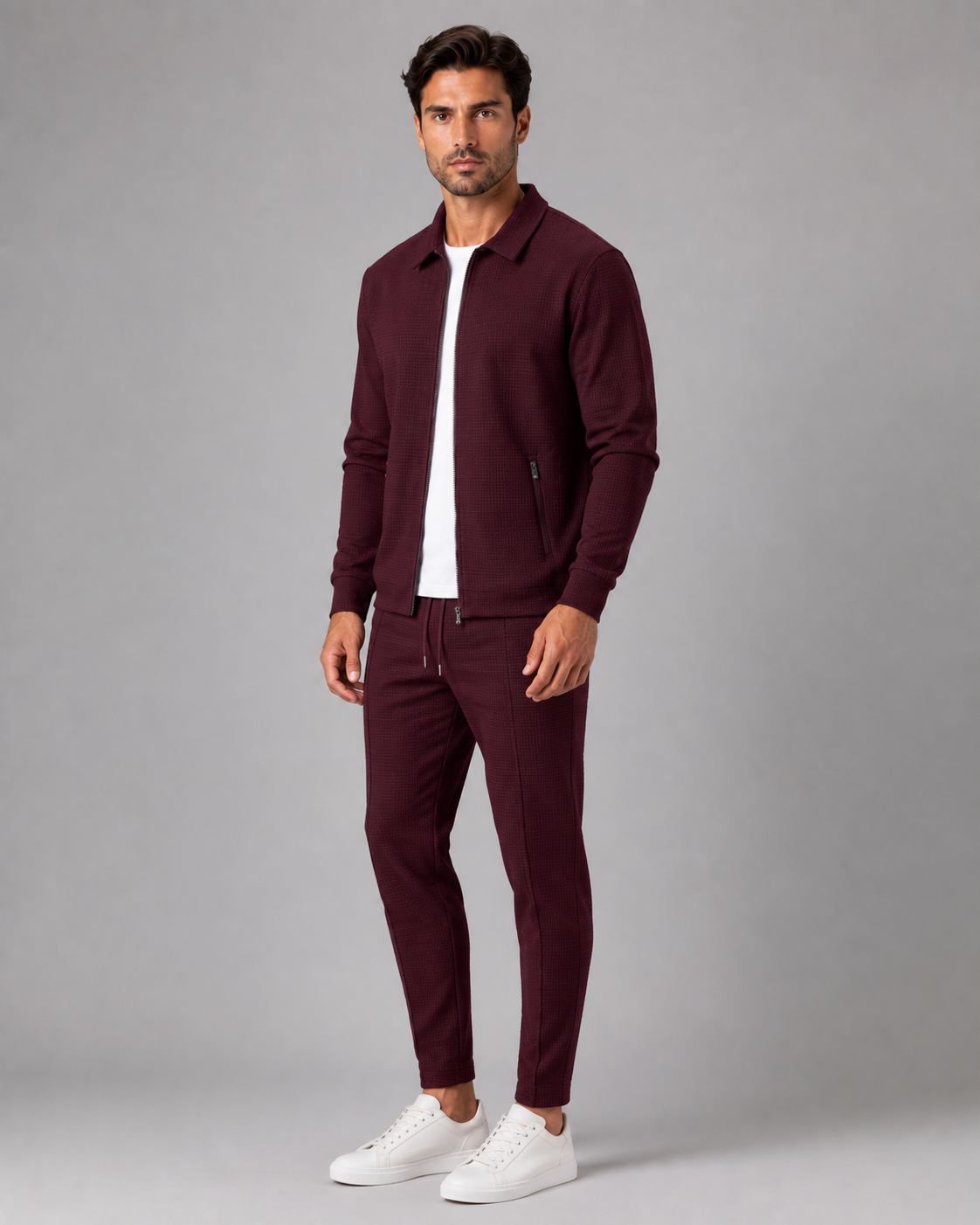 Men's Waffle Textured Tracksuit Set – Zip Collar Jacket and Trousers