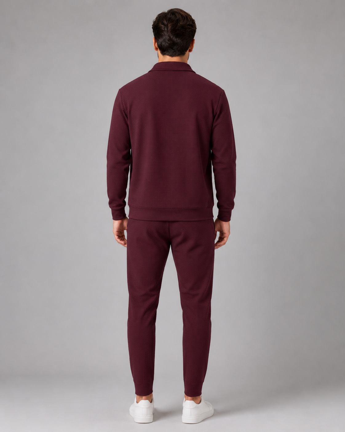 Men's Waffle Textured Tracksuit Set – Zip Collar Jacket and Trousers