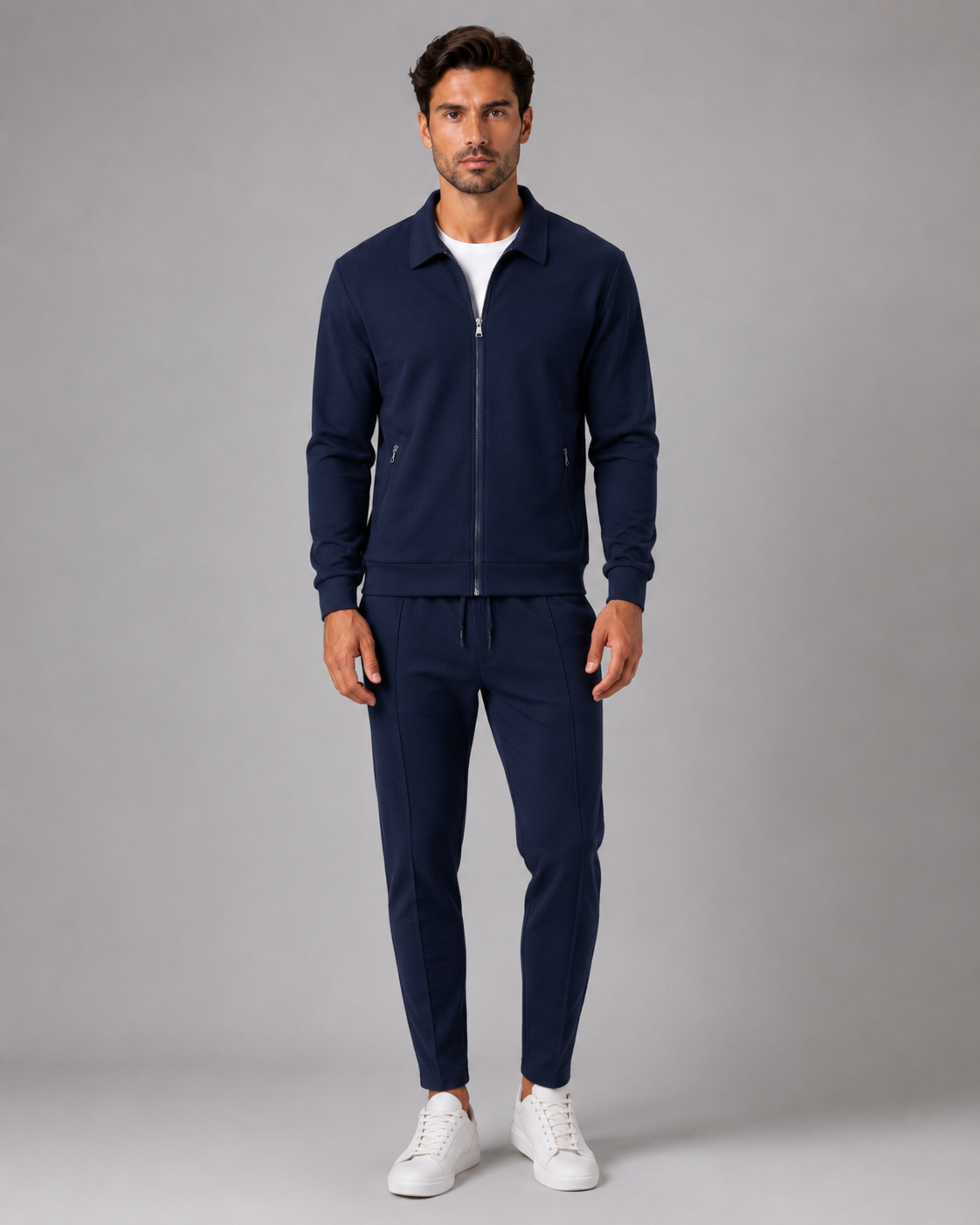 Men's Waffle Textured Tracksuit Set – Zip Collar Jacket and Trousers