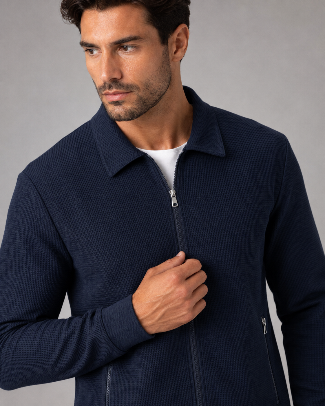 Men's Waffle Textured Tracksuit Set – Zip Collar Jacket and Trousers