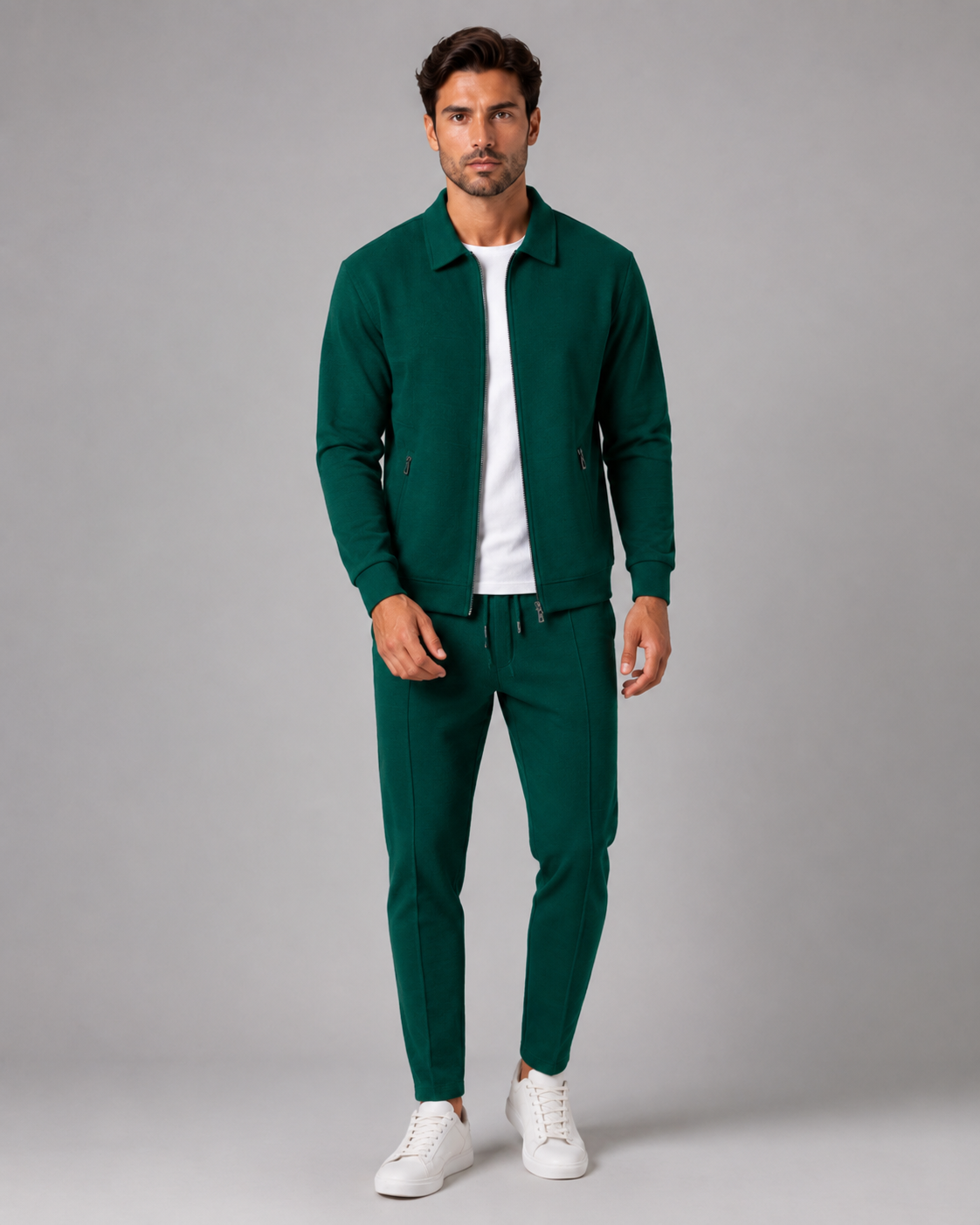 Men's Waffle Textured Tracksuit Set – Zip Collar Jacket and Trousers