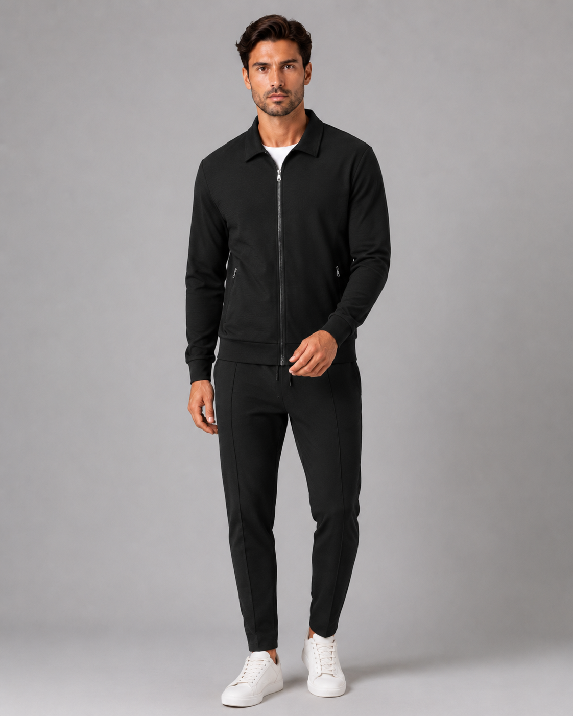 Men's Waffle Textured Tracksuit Set – Zip Collar Jacket and Trousers