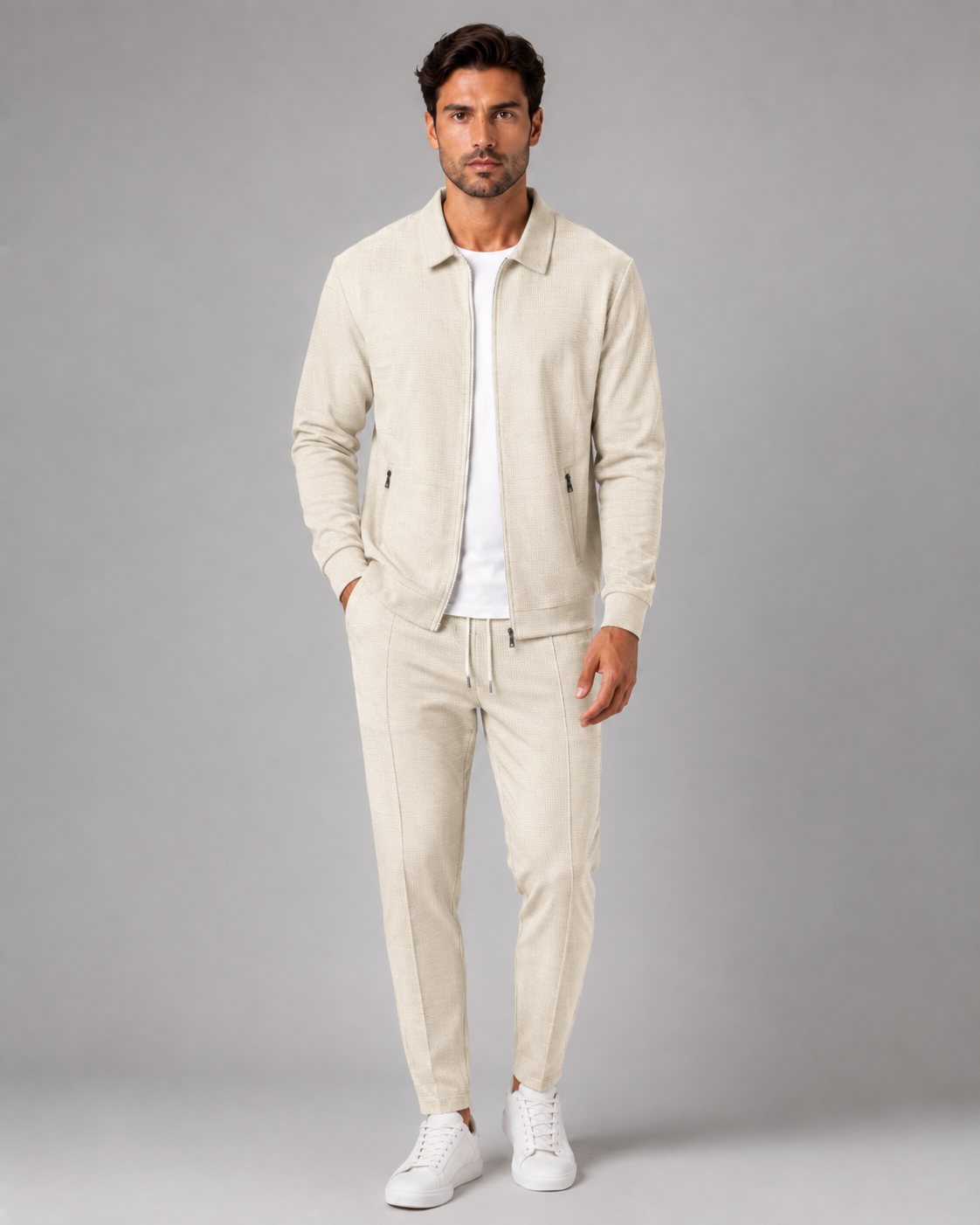 Men's Waffle Textured Tracksuit Set – Zip Collar Jacket and Trousers