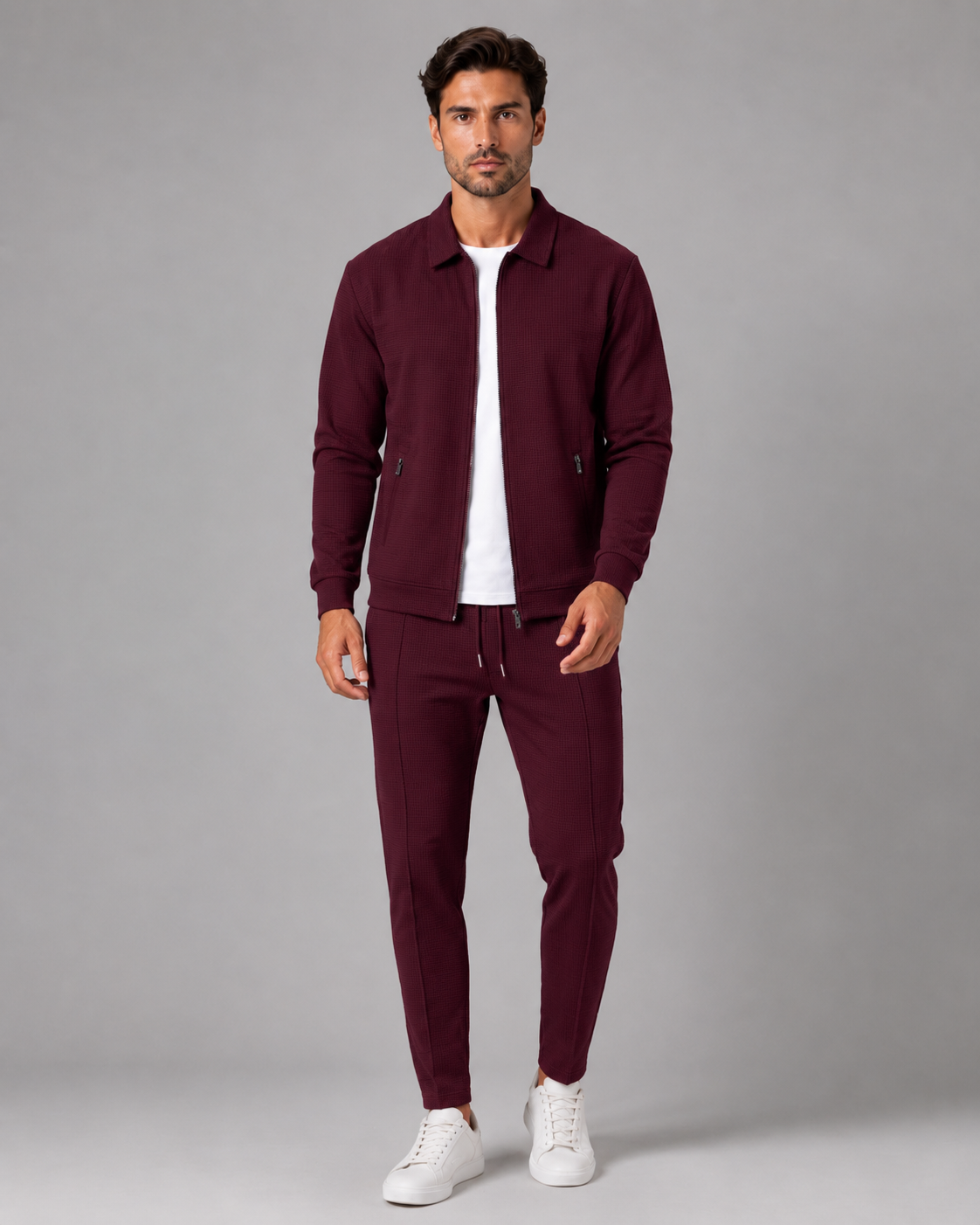 Men's Waffle Textured Tracksuit Set – Zip Collar Jacket and Trousers