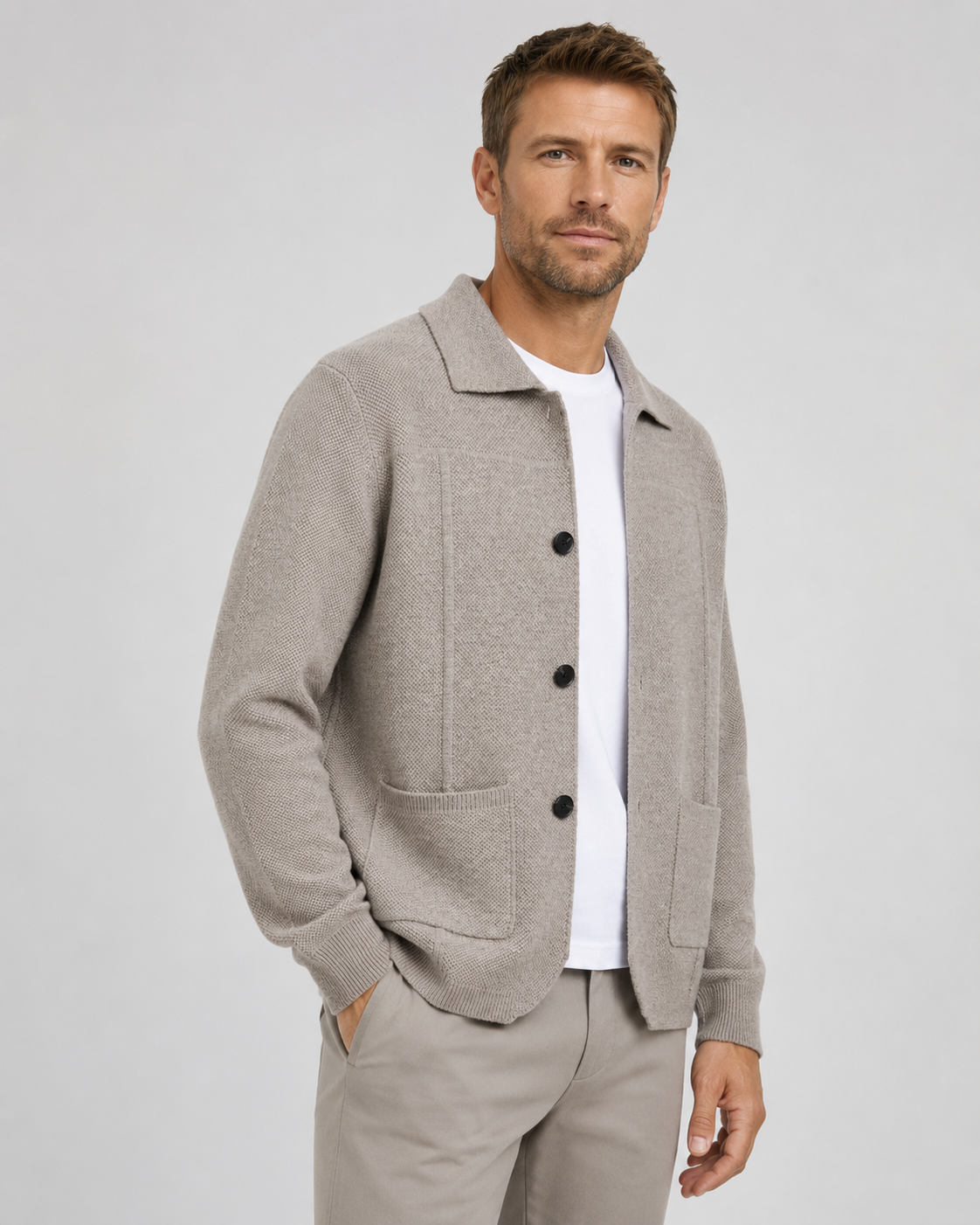 Men's Textured Wool Knitted Overshirt – Button Front