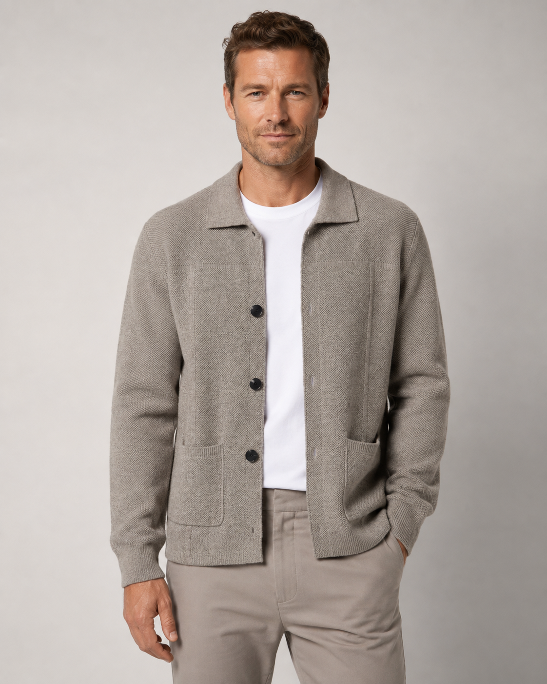 Men's Textured Wool Knitted Overshirt – Button Front