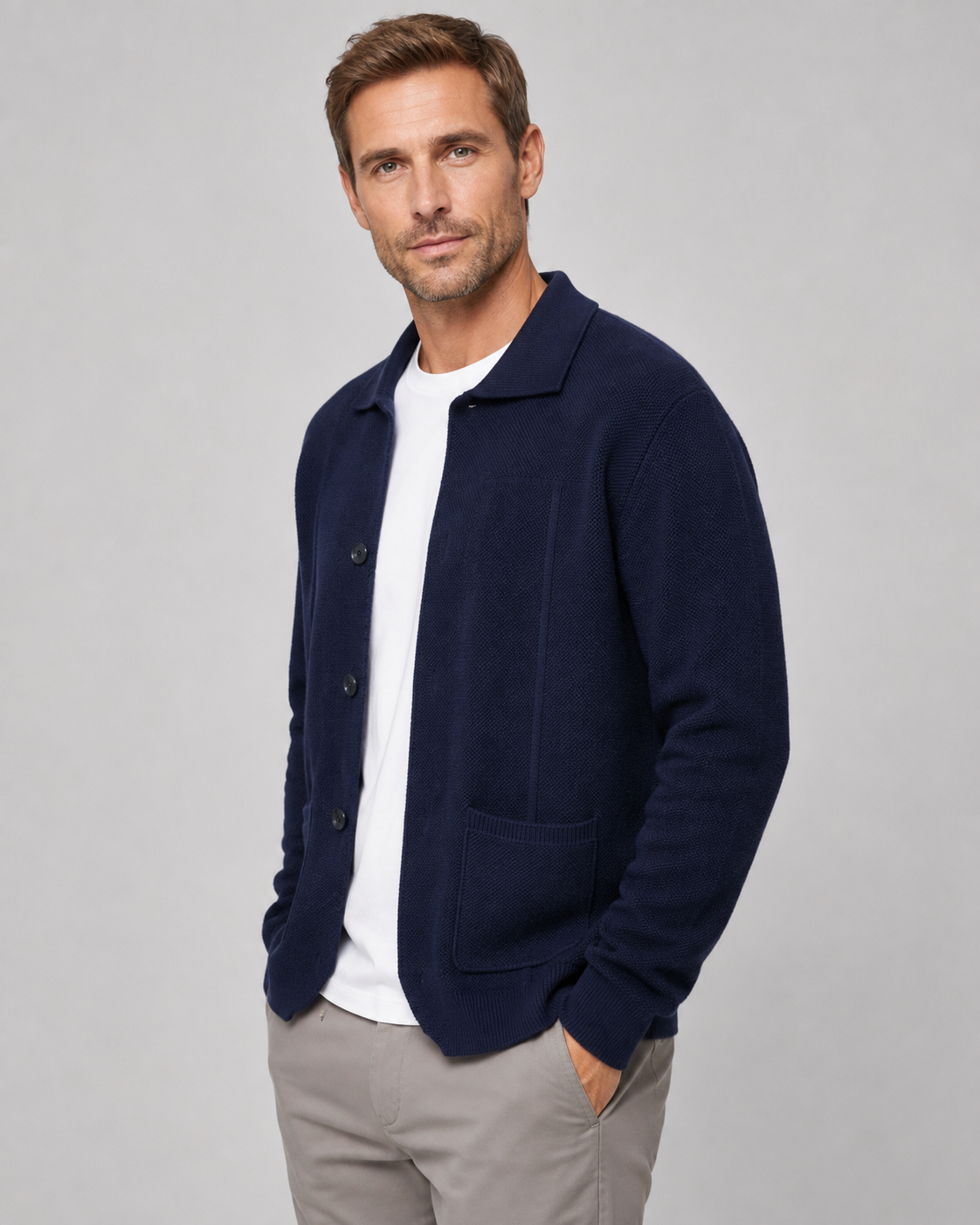 Men's Textured Wool Knitted Overshirt – Button Front