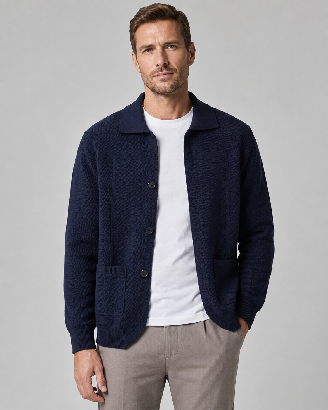 Men's Textured Wool Knitted Overshirt – Button Front