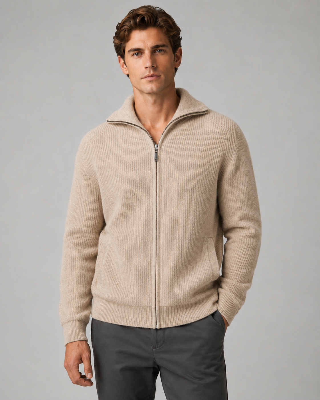 Men's Ribbed Wool Quarter Zip Jumper – Regular Fit Mock Neck