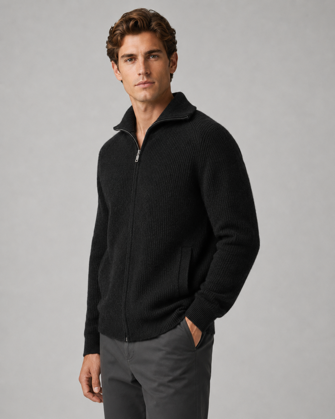 Men's Ribbed Wool Quarter Zip Jumper – Regular Fit Mock Neck