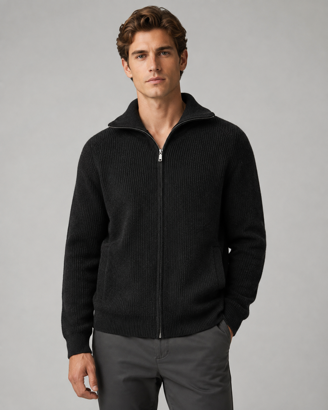 Men's Ribbed Wool Quarter Zip Jumper – Regular Fit Mock Neck