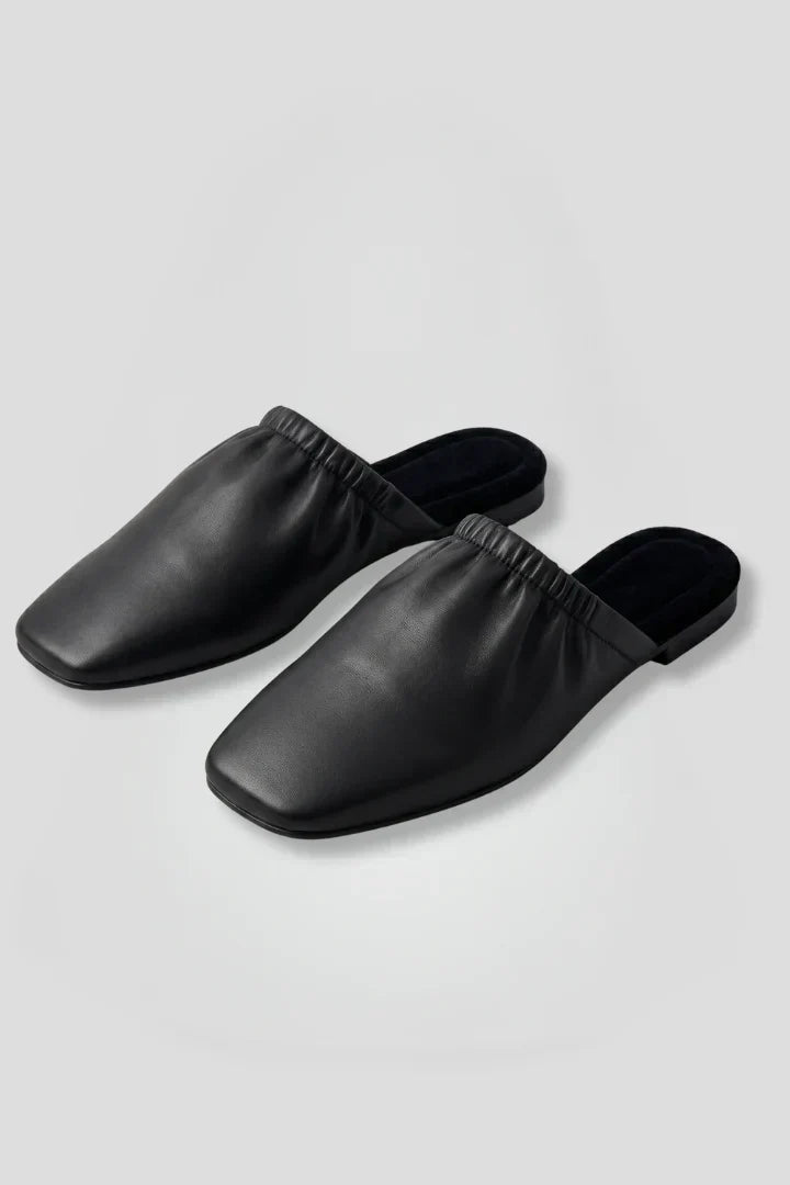 Mules Shoes For Women | Square Toe Black Leather Slip-On