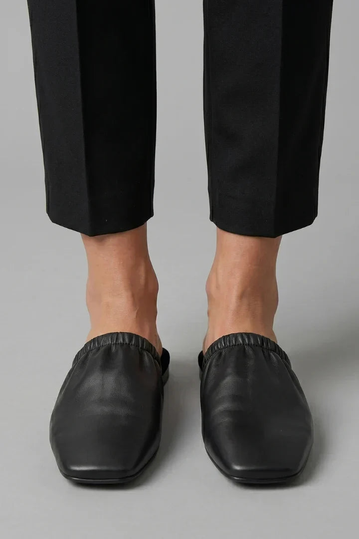 Mules Shoes For Women | Square Toe Black Leather Slip-On