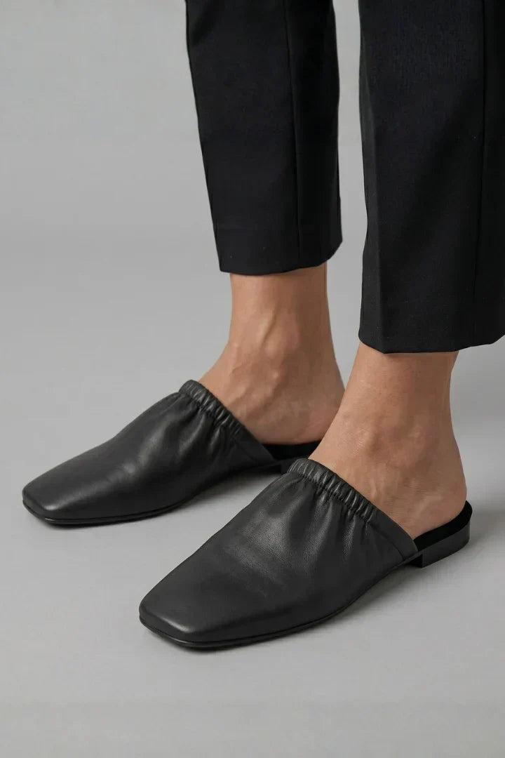 Mules Shoes For Women | Square Toe Black Leather Slip-On